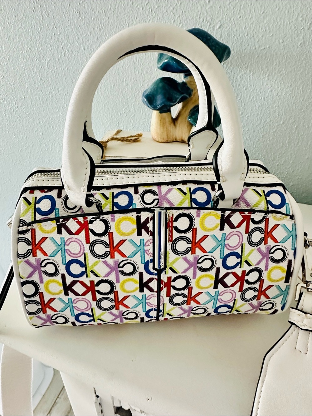 Calvin Klein White Mini Satchel with Multicolor CK Logo Print